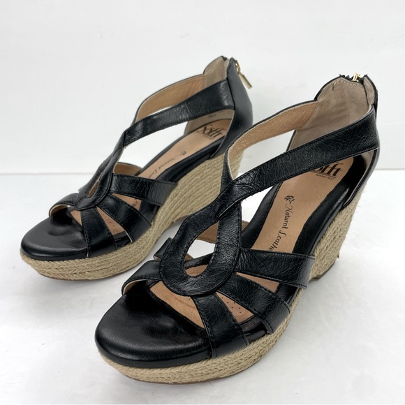 Sofft Black Leather Espadrille Wedge Open Toe Sandals - Picture 1 of 16